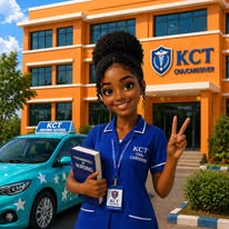 KCT caregiver student standing with a car outside the campus along the Thika-Nyeri Highway